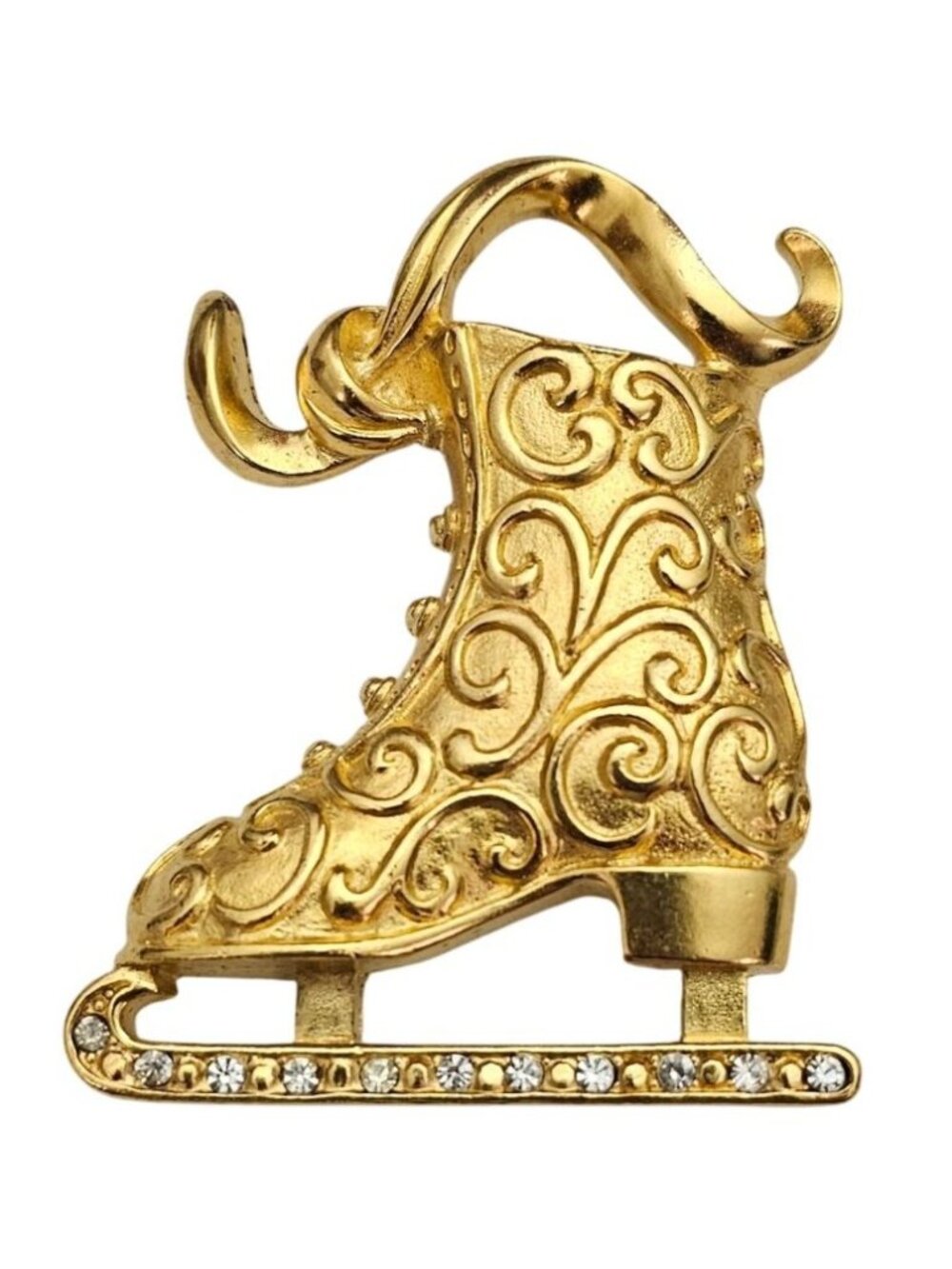 Gold Tone Ice Skate Brooch Designer Clear Rhinestone Vintage Pin J911